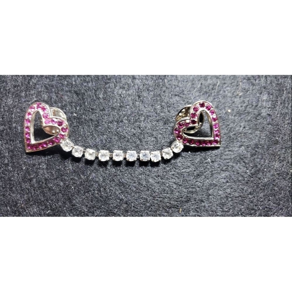 Vintage Silver Heart Sweater‎ Clip Brooch - Pink/White Rhinestones Chain
